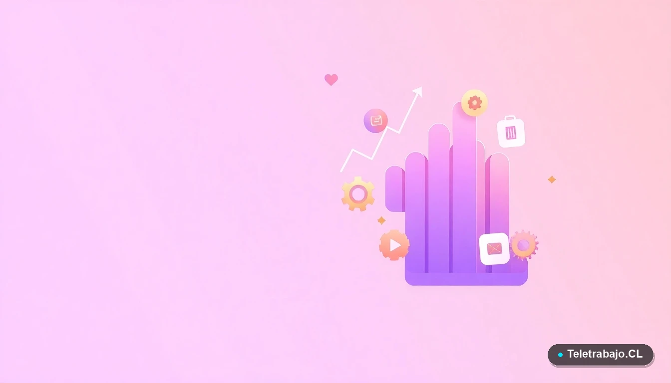 Composición abstracta de interfaz de usuario tecnológica con gráficos, engranajes y carpetas flotantes en tonos lavanda y durazno, sobre fondo degradado lila. Concepto de crecimiento y productividad.