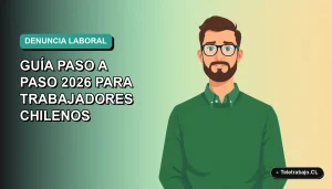 Ilustración vectorial plana de un trabajador hombre con suéter verde y camisa, sobre fondo degradado azul verdoso, representando una denuncia ante la Dirección del Trabajo en Chile.