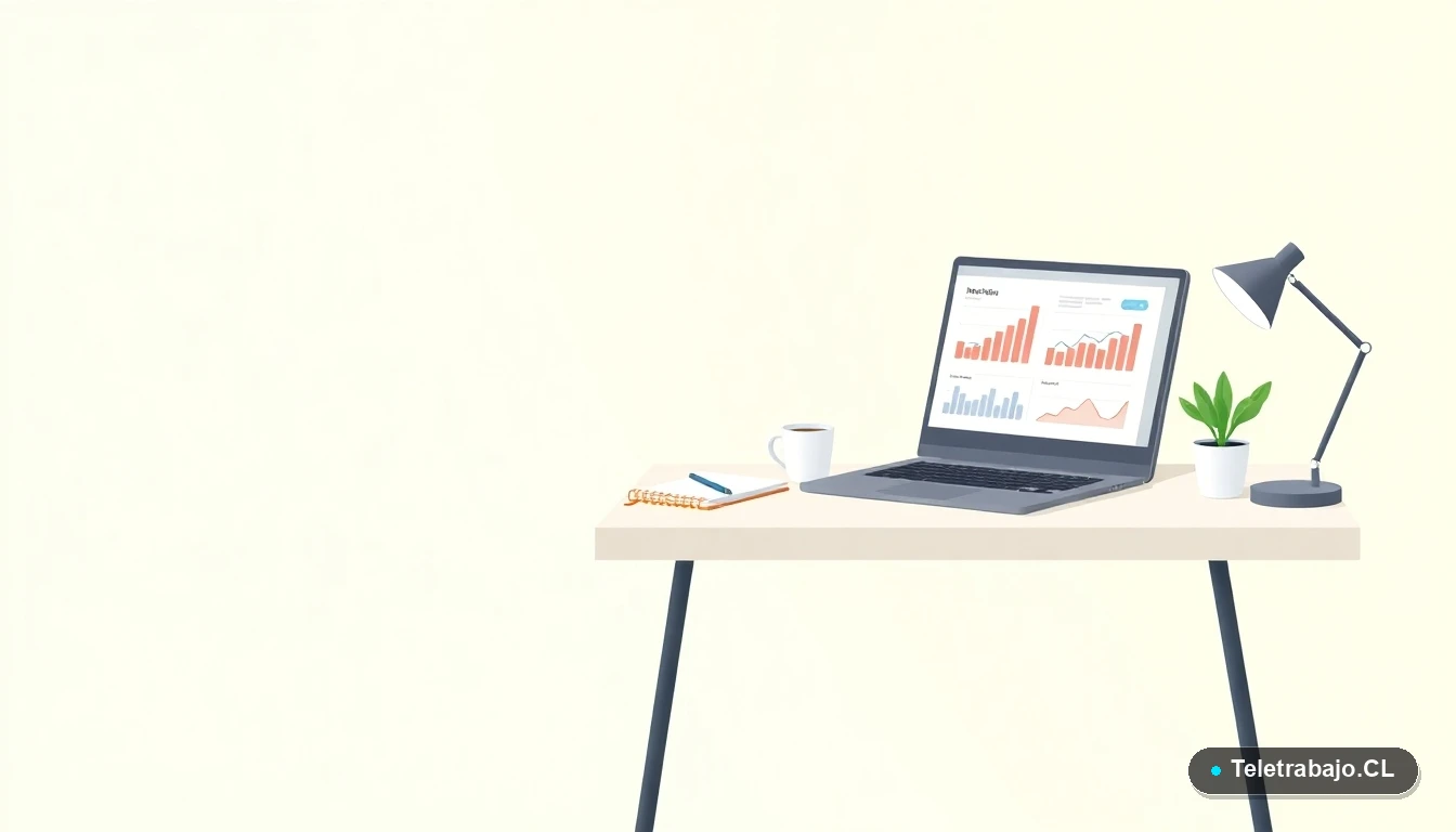 Escritorio moderno minimalista con laptop, gráficos abstractos, taza de café y una planta, sobre fondo degradado verde menta, concepto de trabajo y procedimientos.