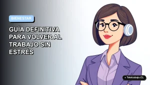 Ilustración plana corporativa de mujer profesional chilena con expresión tranquila, fondo gradiente azul pastel vacío a la izquierda, concepto de regreso al trabajo sin estrés 2026.