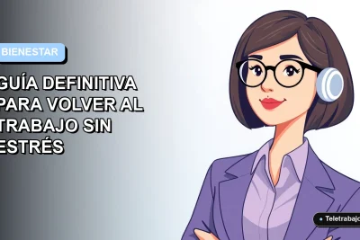 Ilustración plana corporativa de mujer profesional chilena con expresión tranquila, fondo gradiente azul pastel vacío a la izquierda, concepto de regreso al trabajo sin estrés 2026.