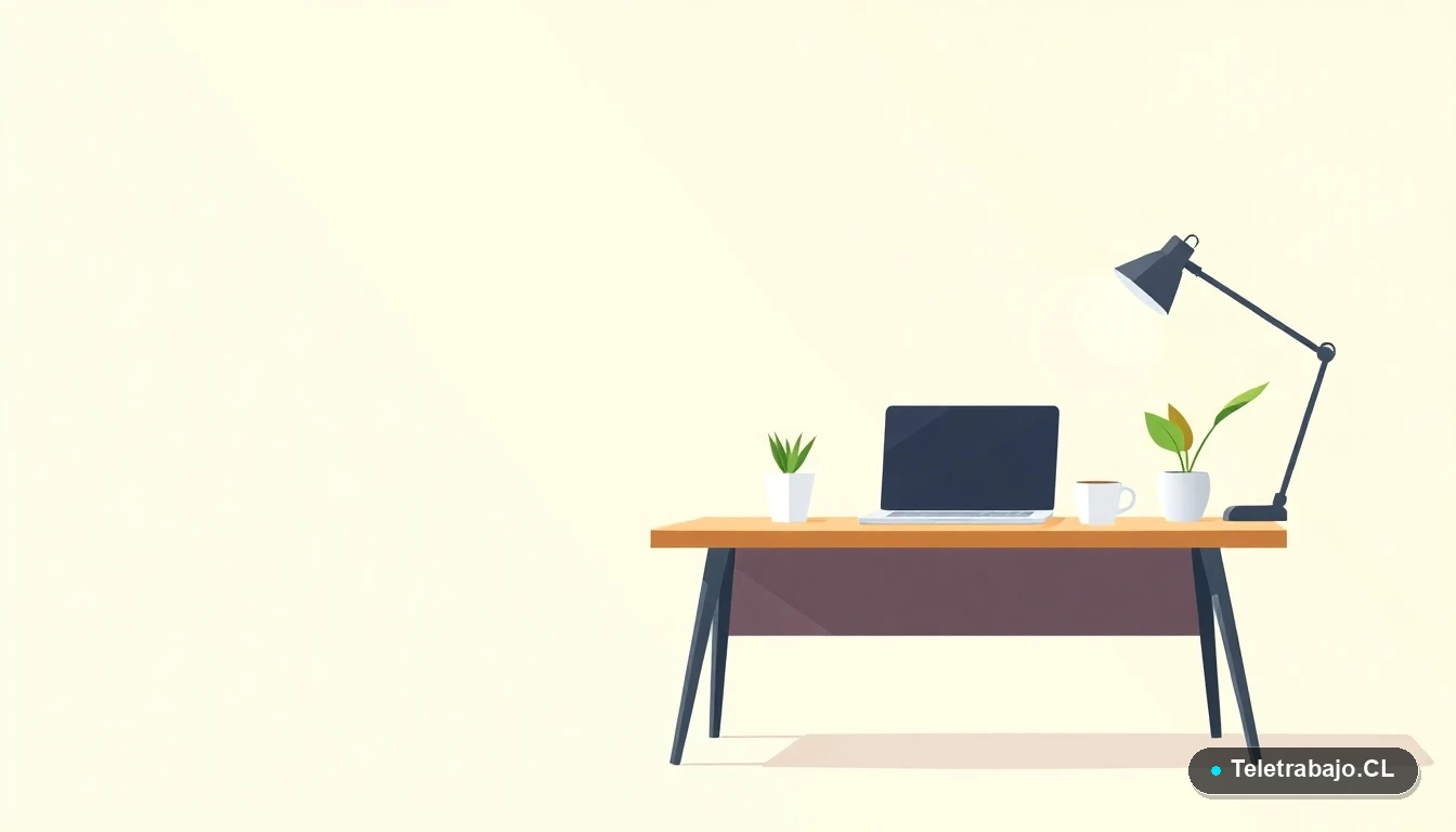 Escritorio moderno minimalista vacío con laptop, planta y taza de café, ilustración plana sobre fondo gradiente verde menta, concepto de espacio de trabajo ordenado y tranquilo.