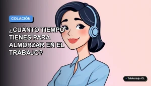 Ilustración plana vectorial de una trabajadora de oficina sonriente con blusa azul, sobre un fondo degradado azul y blanco, representando el derecho a pausa laboral en Chile.