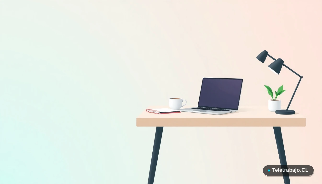 Escritorio moderno minimalista con laptop, cuaderno, taza de café y planta suculenta, sobre fondo degradado verde menta, concepto de espacio de trabajo ordenado.