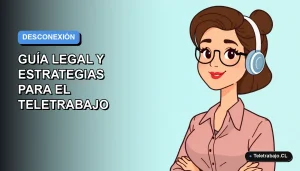 Ilustración plana corporativa de mujer chilena teletrabajando con ley de desconexión digital 2026 al fondo
