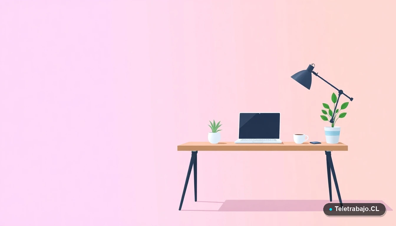 Escritorio moderno minimalista vacío con laptop, taza de café y planta, en estilo ilustración vectorial plana, representando el fin de la jornada laboral y el derecho a la desconexión.