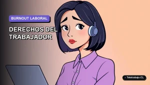 Ilustración vectorial plana de estilo premium que representa a una trabajadora en teletrabajo con expresión de agotamiento, sobre un fondo degradado suave, para artículo sobre derechos legales ante el burnout en Chile.