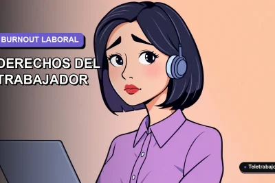 Ilustración vectorial plana de estilo premium que representa a una trabajadora en teletrabajo con expresión de agotamiento, sobre un fondo degradado suave, para artículo sobre derechos legales ante el burnout en Chile.