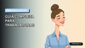 Ilustración vectorial plana de una trabajadora chilena feliz, con blusa azul y pelo recogido, sobre fondo degradado suave azul y blanco. Representa los derechos laborales de la mujer embarazada en Chile.