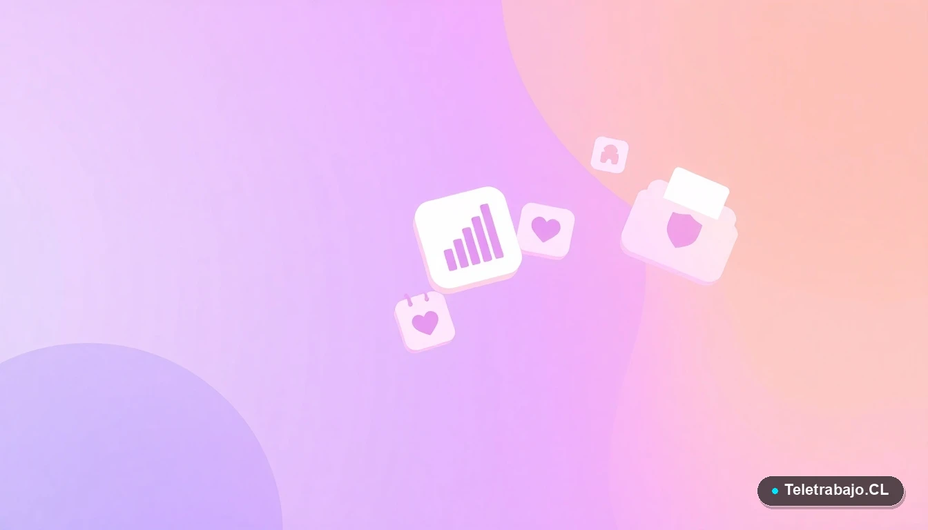 Composición abstracta de interfaz de usuario con gráficos, calendario y carpeta de documentos, en estilo vectorial plano sobre fondo degradado lila y durazno. Simboliza las protecciones y procesos legales digitales para trabajadoras embarazadas en Chile.