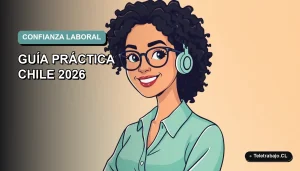 Ilustración vectorial plana de mujer profesional chilena sonriendo con confianza, fondo degradado azul verdoso, concepto para superar el síndrome del impostor en la búsqueda de empleo.