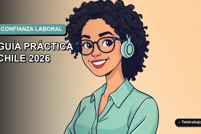 Ilustración vectorial plana de mujer profesional chilena sonriendo con confianza, fondo degradado azul verdoso, concepto para superar el síndrome del impostor en la búsqueda de empleo.