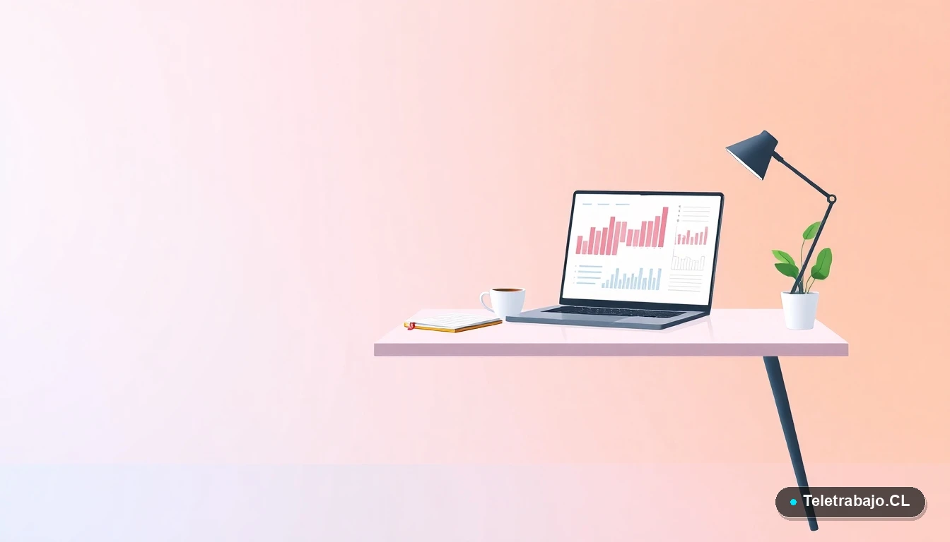 Escritorio moderno minimalista con laptop, gráficos abstractos, taza de café y planta, fondo degradado azul grisáceo, concepto de espacio de trabajo ordenado y profesional.