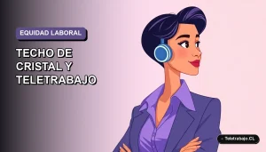 Ilustración vectorial plana de una mujer profesional chilena trabajando remotamente, con fondo degradado lila, representando desafíos laborales y techo de cristal.