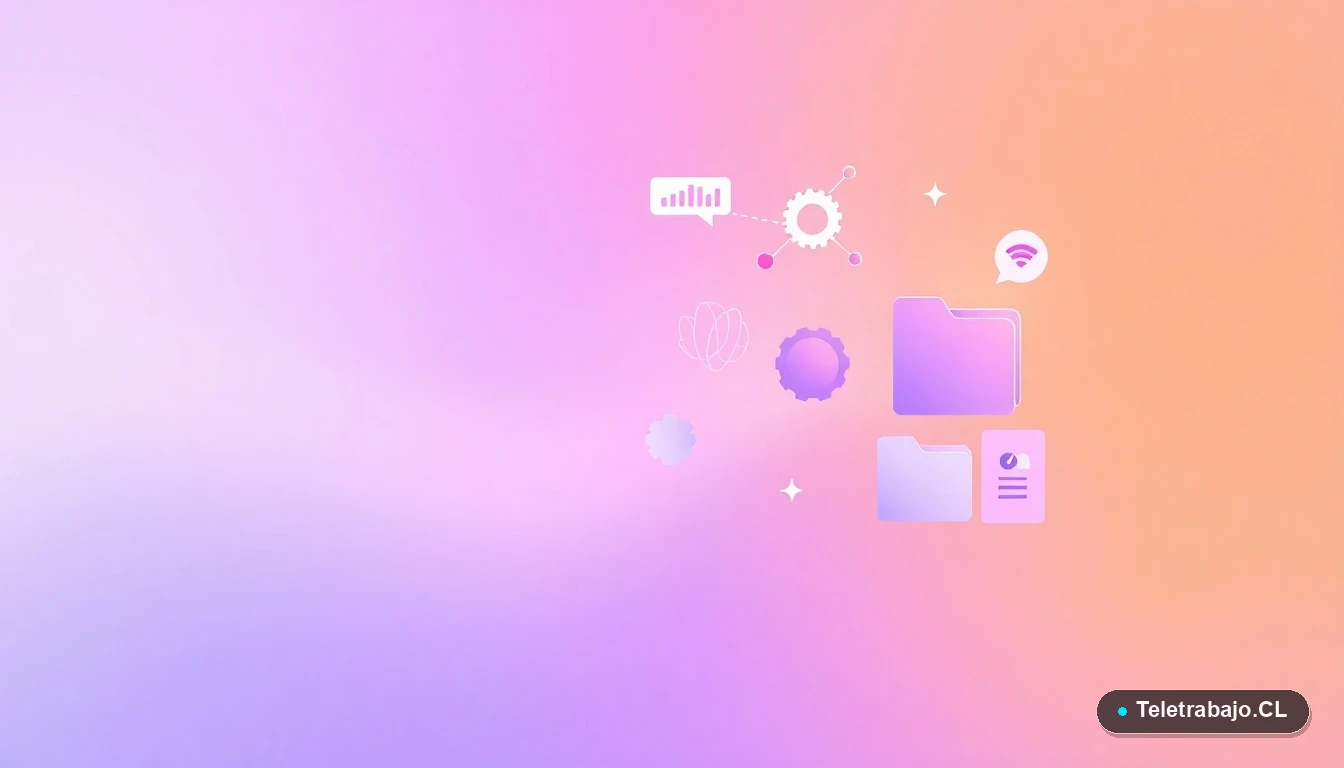 Composición abstracta de interfaz tecnológica con gráficos y iconos flotantes en tonos lavanda y durazno, sobre fondo degradado, concepto de innovación y estrategia digital para el trabajo.