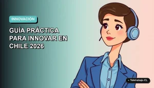 Ilustración plana corporativa de una mujer profesional chilena con blusa azul, representando la innovación y el pensamiento creativo en el trabajo para 2026, sobre fondo degradado suave.