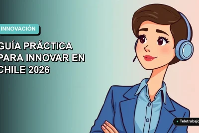 Ilustración plana corporativa de una mujer profesional chilena con blusa azul, representando la innovación y el pensamiento creativo en el trabajo para 2026, sobre fondo degradado suave.