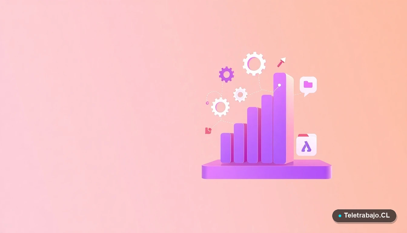 Composición abstracta de interfaz de usuario con gráficos, engranajes y carpetas flotantes en colores lavanda y durazno, representando conceptos de innovación y pensamiento creativo para el trabajo.