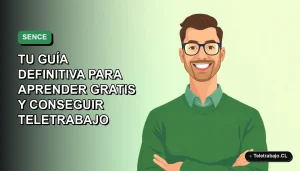 Ilustración vectorial plana de un trabajador masculino de teletrabajo con suéter verde, sobre un fondo degradado suave. Programa de formación web SENCE Chile 2026.