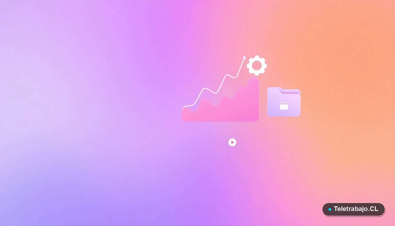 Elementos de interfaz de usuario abstractos y modernos: gráficos, engranajes y carpetas flotantes en colores lavanda y durazno, sobre fondo degradado. Concepto de habilidades digitales y tecnología.