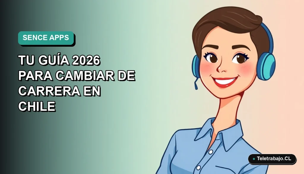 Ilustración vectorial plana de una mujer profesional chilena sonriente, con blusa azul y corte de pelo moderno, sobre fondo degradado suave. Representa el cambio de carrera al desarrollo de aplicaciones móviles con cursos SENCE.