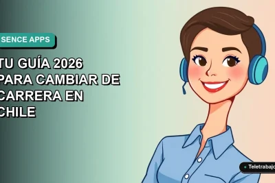 Ilustración vectorial plana de una mujer profesional chilena sonriente, con blusa azul y corte de pelo moderno, sobre fondo degradado suave. Representa el cambio de carrera al desarrollo de aplicaciones móviles con cursos SENCE.