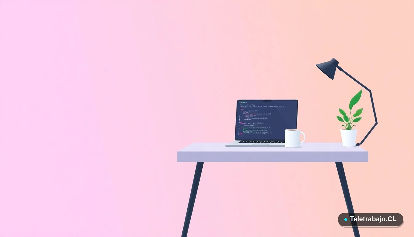 Escritorio moderno minimalista con laptop, taza de café y planta, en estilo ilustración vectorial plana. Representa el espacio de trabajo ideal para un desarrollador de apps Android en Chile.