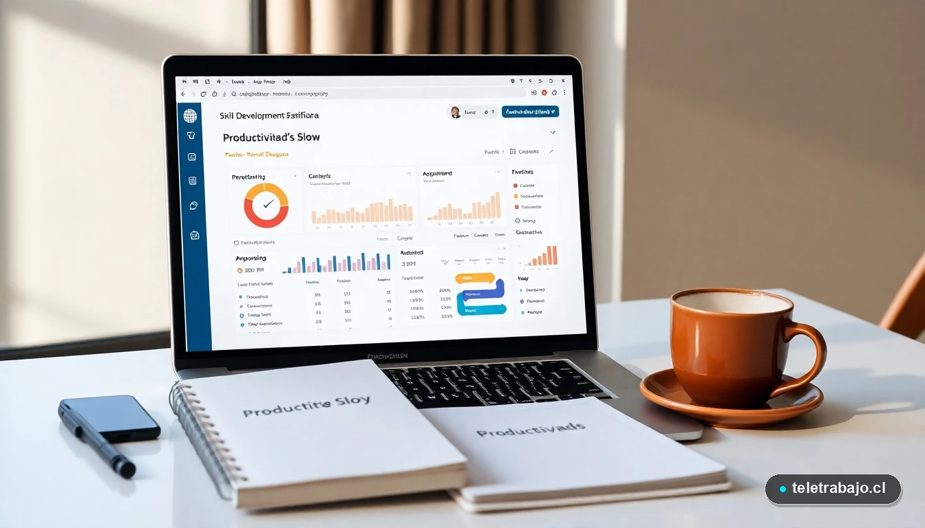 Espacio de trabajo moderno en Chile mostrando desarrollo de habilidades digitales y concepto de productividad slow