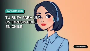 Ilustración plana de mujer profesional chilena sonriente, con blusa azul y corte de pelo bob, sobre fondo degradado verde agua, representando el desarrollo de habilidades digitales para mejorar el currículum.