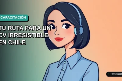 Ilustración plana de mujer profesional chilena sonriente, con blusa azul y corte de pelo bob, sobre fondo degradado verde agua, representando el desarrollo de habilidades digitales para mejorar el currículum.
