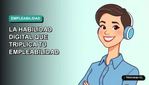 Ilustración vectorial plana de una mujer profesional chilena, estilo Corporate Memphis, con blusa azul y pelo corto, sobre fondo degradado verde azulado. Representa el desarrollo web y alta empleabilidad en 2026.