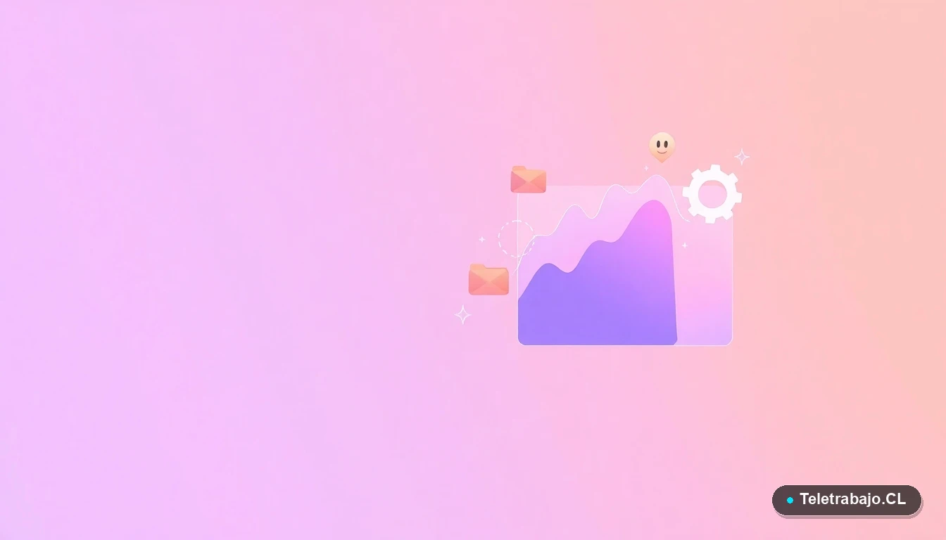 Composición abstracta de interfaz de usuario tecnológica, con gráficos flotantes y engranajes estilizados en colores lavanda y durazno, sobre fondo degradado. Representa conceptos de desarrollo web y datos.