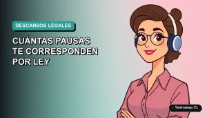 Ilustración plana corporativa de una trabajadora remota chilena sonriendo, con fondo degradado azul verdoso, representando el derecho a descansos en la jornada laboral.