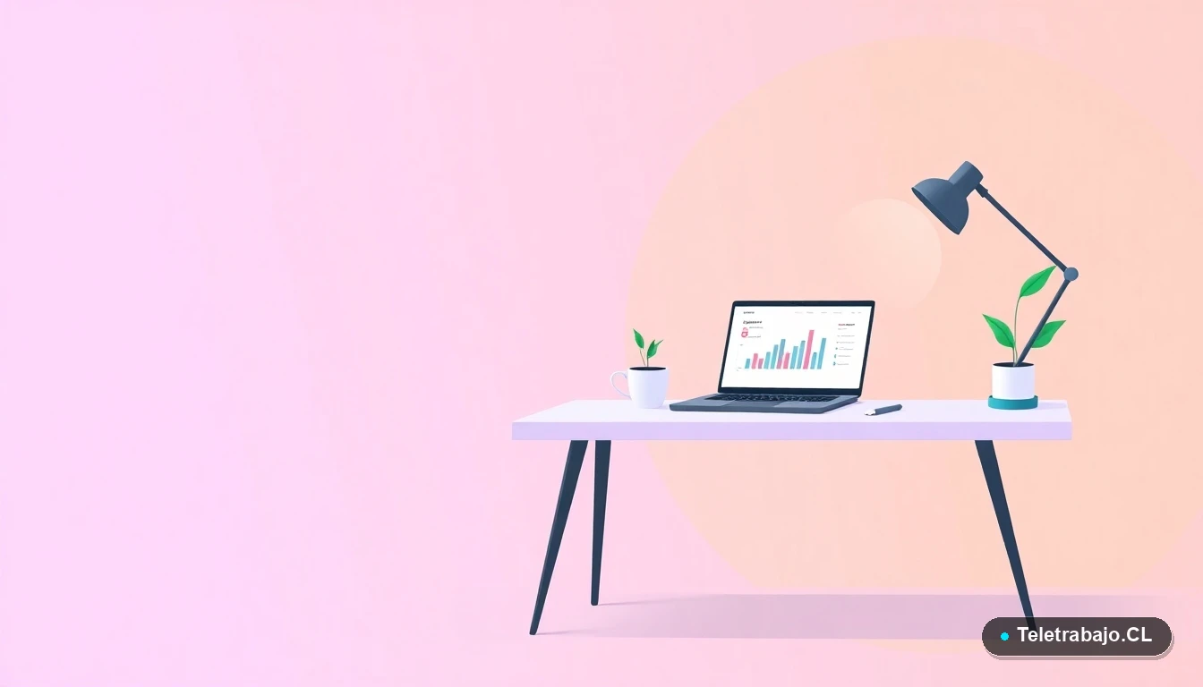 Escritorio moderno minimalista para teletrabajo con laptop y planta, ilustración plana con fondo degradado lavanda.