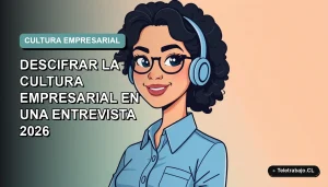 Ilustración plana vectorial de una mujer profesional de teletrabajo con blusa azul, mirando con confianza. Fondo degradado suave en tonos teal y gris claro.
