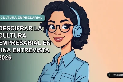 Ilustración plana vectorial de una mujer profesional de teletrabajo con blusa azul, mirando con confianza. Fondo degradado suave en tonos teal y gris claro.