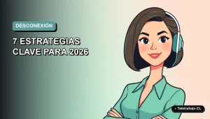 Ilustración plana corporativa de mujer profesional chilena teletrabajando, con fondo degradado suave, concepto de equilibrio trabajo-vida.