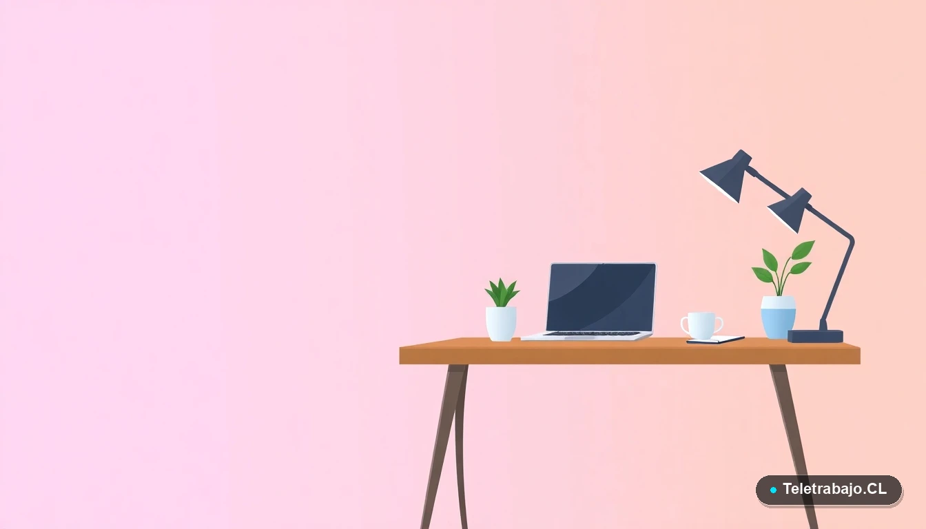 Escritorio minimalista de teletrabajo vacío, con laptop, taza y planta, ilustración plana sobre fondo degradado lavanda, concepto de pausa y espacio ordenado.