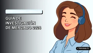 Ilustración plana corporativa de una mujer profesional chilena con blusa azul, sonriendo, sobre un fondo degradado suave azul claro. Representa la búsqueda de oportunidades de trabajo en Chile.