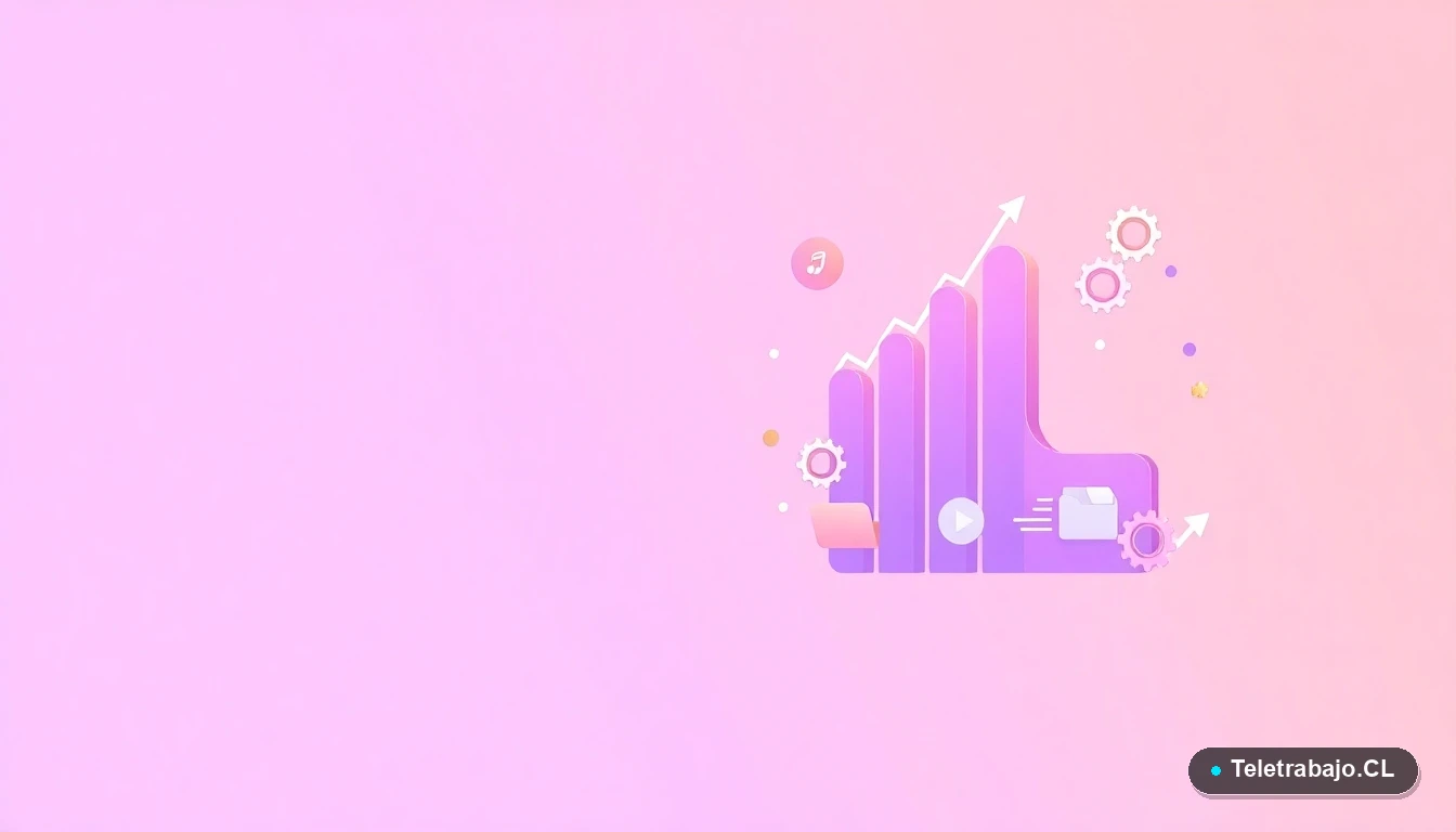 Composición abstracta de interfaz de usuario con gráficos, engranajes y carpetas flotantes en tonos lavanda y durazno, sobre fondo degradado. Representa el análisis de datos y la investigación de mercado laboral.