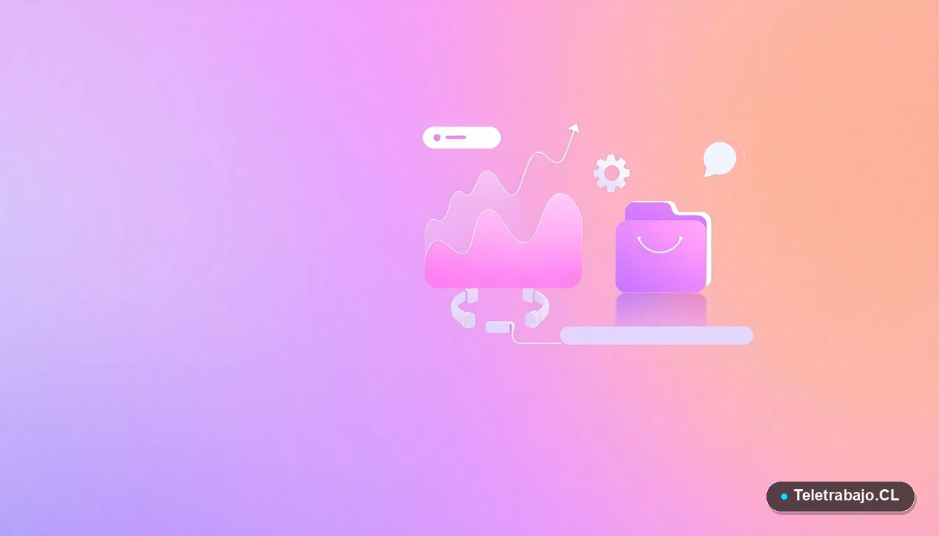 Composición abstracta de interfaz de usuario con gráficos flotantes, un engranaje y carpetas digitales en colores lavanda y durazno, sobre fondo degradado.