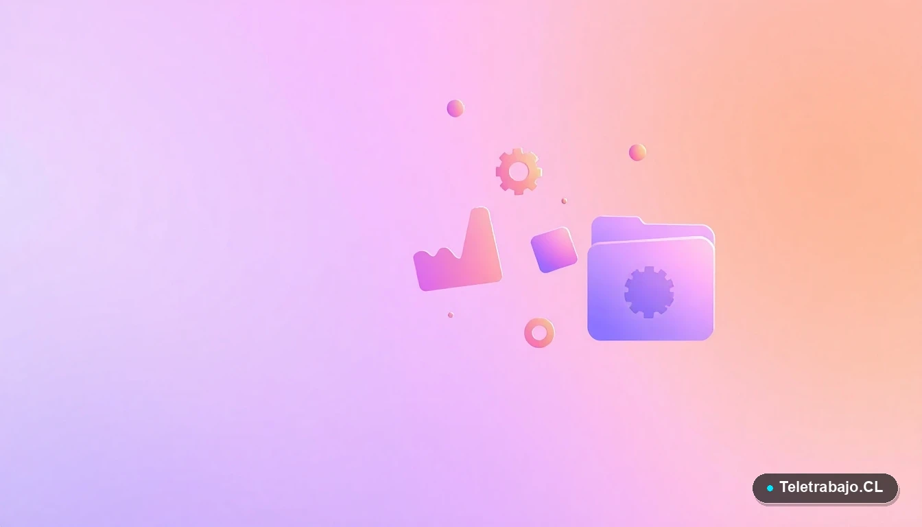 Composición abstracta de interfaz de usuario tecnológica con gráficos y engranajes flotantes en colores lavanda y durazno, sobre fondo degradado. Ilustración vectorial plana moderna.