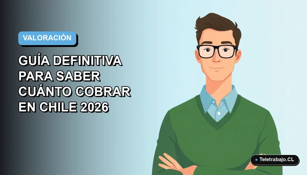 Ilustración plana de un trabajador masculino de tecnología, con suéter verde, mirando confiado hacia la izquierda, sobre un fondo degradado azul suave. Guía para saber tu valor salarial en Chile.
