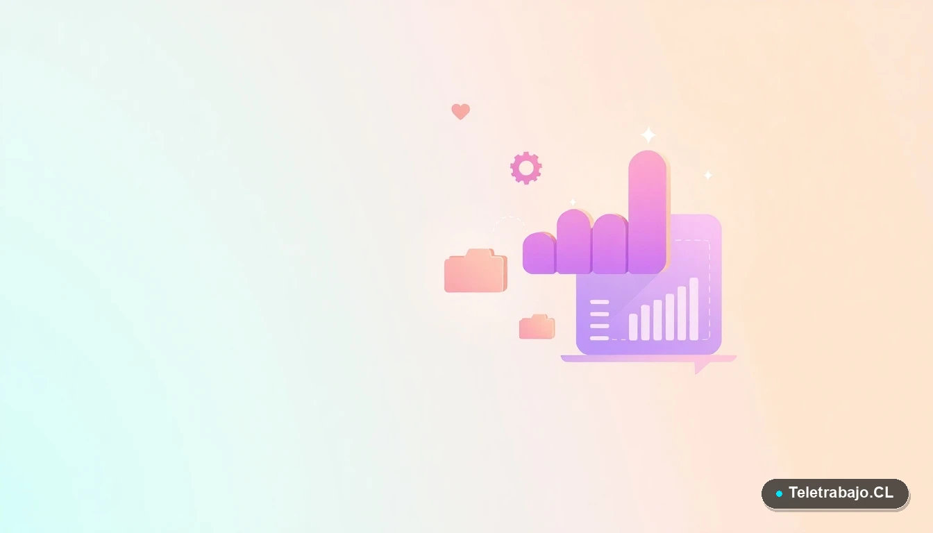 Elementos abstractos de interfaz de usuario: gráficos, engranajes y carpetas flotantes en tonos lavanda y durazno, sobre fondo degradado verde menta. Concepto de datos y productividad.