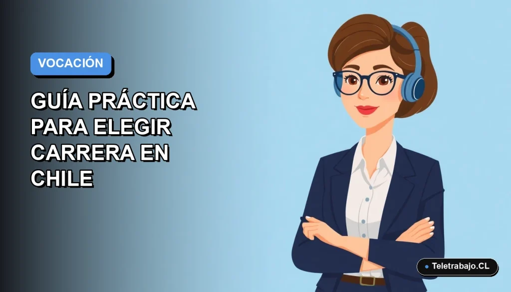 Ilustración plana vectorial de una mujer profesional con camisa blanca y chaqueta azul, sobre un fondo degradado suave, representando la elección de vocación profesional en Chile.