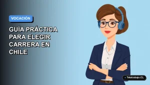 Ilustración plana vectorial de una mujer profesional con camisa blanca y chaqueta azul, sobre un fondo degradado suave, representando la elección de vocación profesional en Chile.
