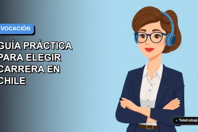 Ilustración plana vectorial de una mujer profesional con camisa blanca y chaqueta azul, sobre un fondo degradado suave, representando la elección de vocación profesional en Chile.