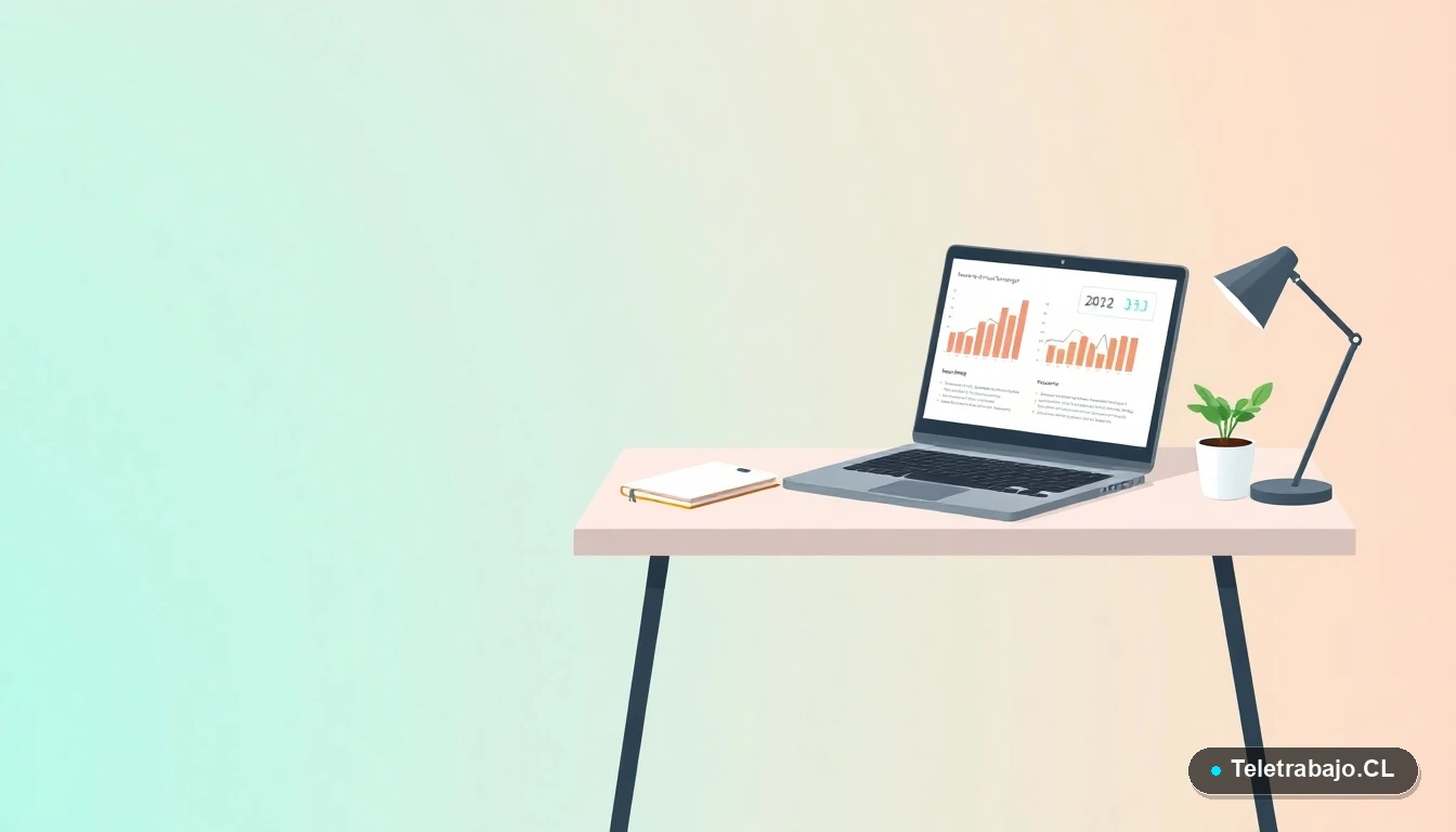 Escritorio moderno minimalista con laptop, taza de café y planta, en estilo de ilustración vectorial plana sobre fondo degradado verde azulado. Concepto de espacio de trabajo ideal.