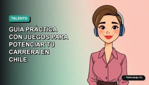 Ilustración plana vectorial de mujer profesional chilena sonriendo, con fondo degradado azul verdoso, concepto de desarrollo de carrera y habilidades.
