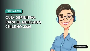 Ilustración plana vectorial de mujer profesional chilena con blusa azul, sonriendo, sobre fondo degradado verde azulado. Concepto de desarrollo profesional.